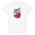 White cotton-blend women's T-shirt with Silent Please lips graphic in red.