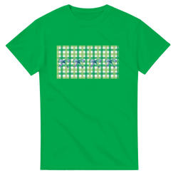 Bright green women's tee with a gingham square patch and blue bows.