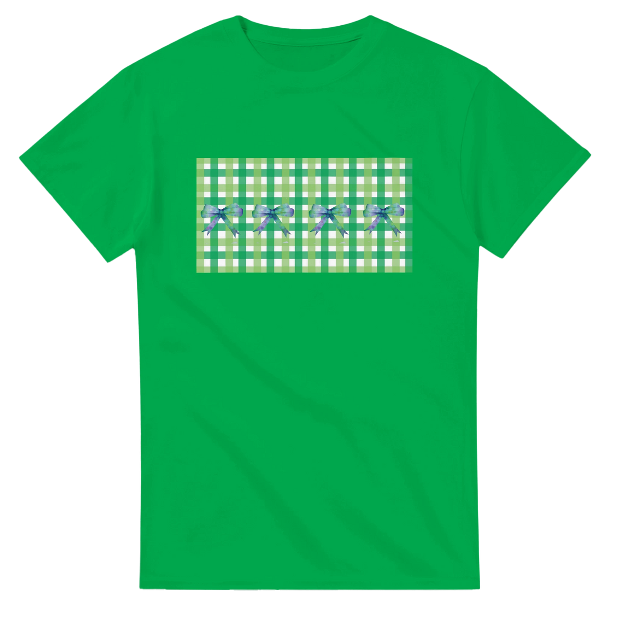 Bright green women's tee with a gingham square patch and blue bows.