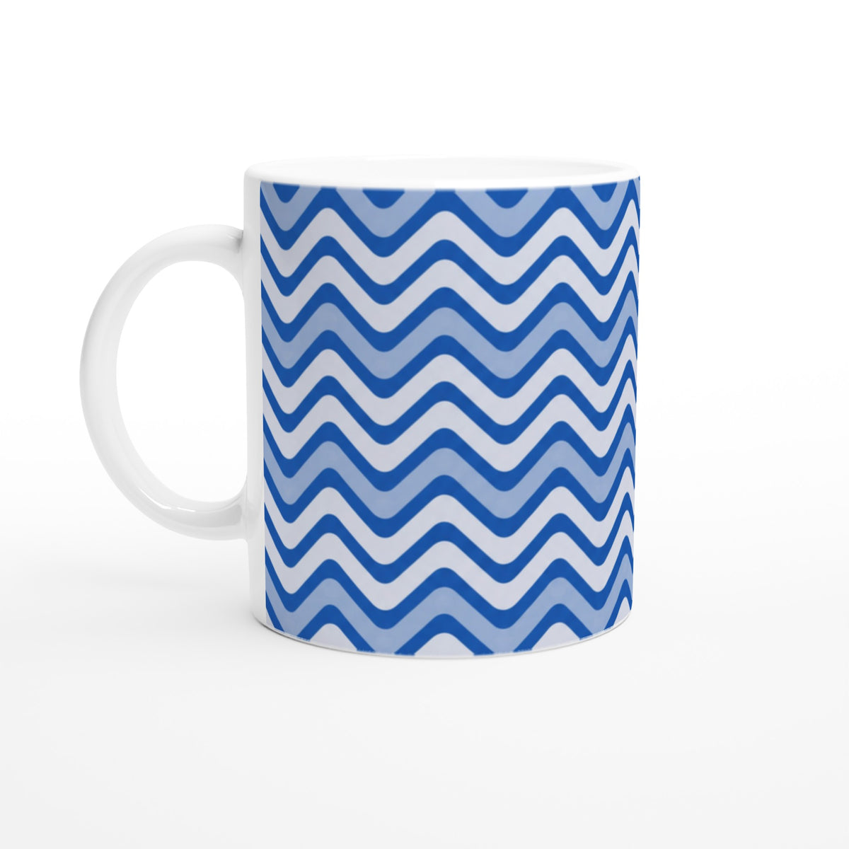 Blue wavy stripe ceramic mug featuring a retro geometric pattern. 11oz coffee cup with a white handle.