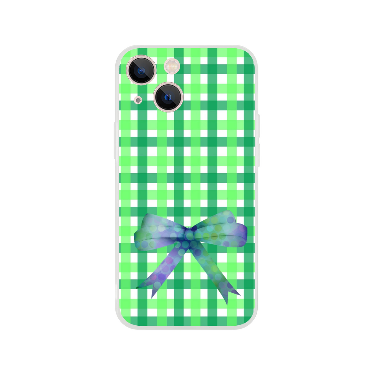 Green gingham iPhone case with a printed bow, frosty translucent TPU shell, cute coquette aesthetic.