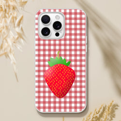 Pink strawberry-gingham iPhone case (13–16), slim matte cover with a large strawberry graphic.