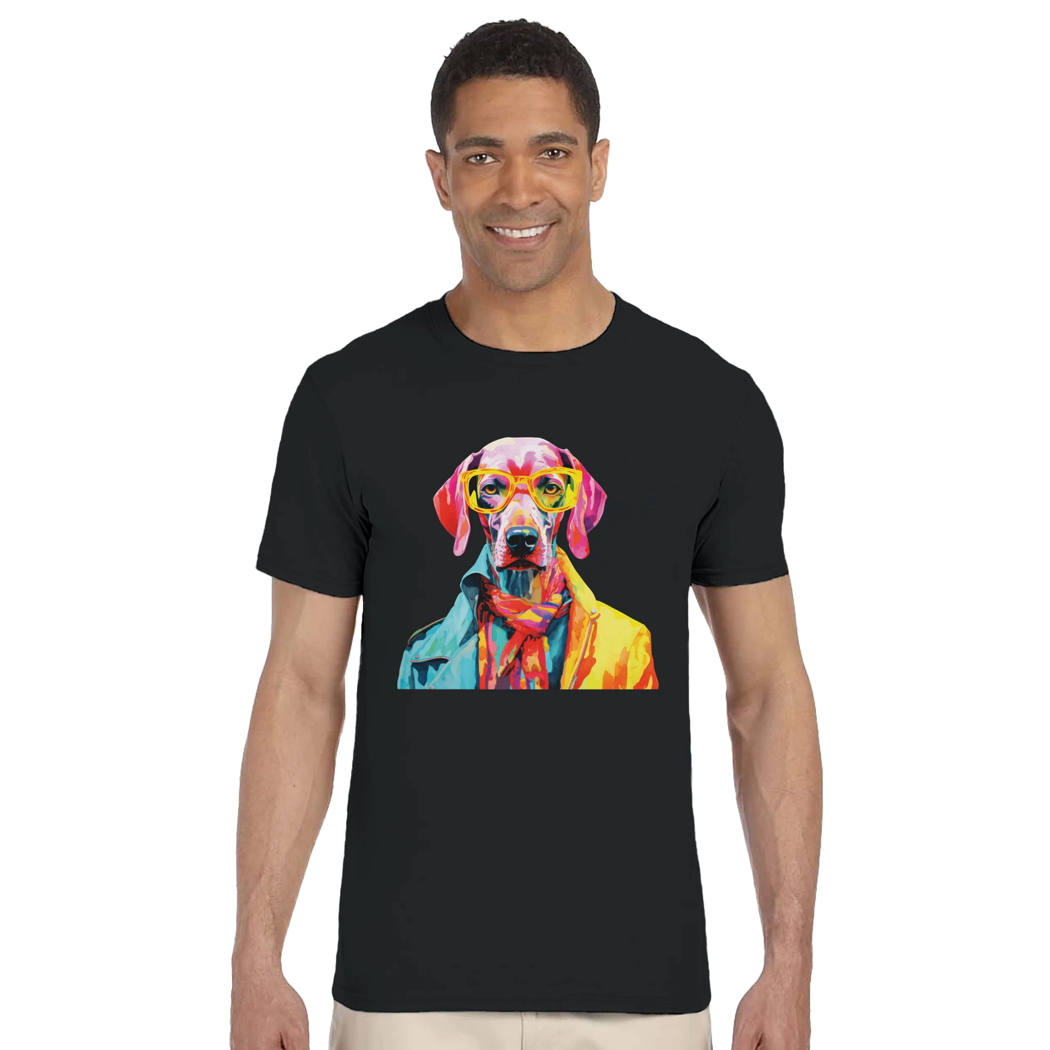 Man wearing Gent Dog T Shirt featuring a colorful dog graphic wearing sunglasses on a black tee.