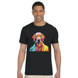 Man wearing Gent Dog T Shirt featuring a colorful dog graphic wearing sunglasses on a black tee.