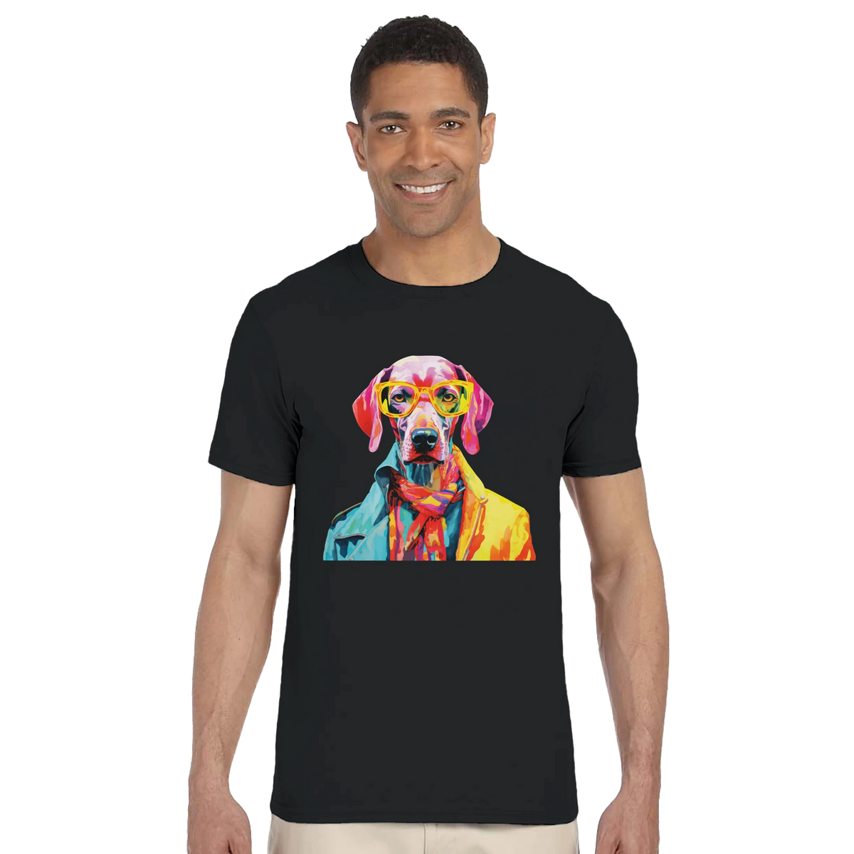 Man wearing Gent Dog T Shirt featuring a colorful dog graphic wearing sunglasses on a black tee.