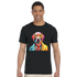 Man wearing Gent Dog T Shirt featuring a colorful dog graphic wearing sunglasses on a black tee.