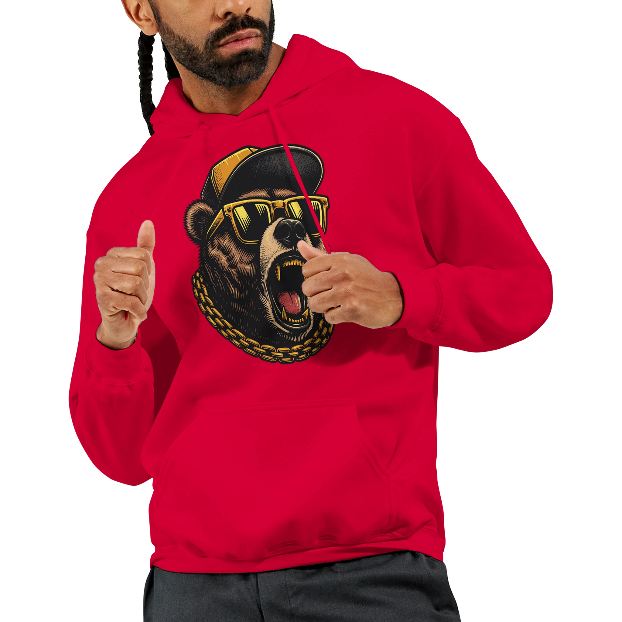 Men's red Grizzly Bear hoodie with roaring bear graphic wearing yellow sunglasses and a gold chain.