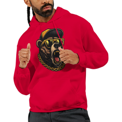 Men's red Grizzly Bear hoodie with roaring bear graphic wearing yellow sunglasses and a gold chain.