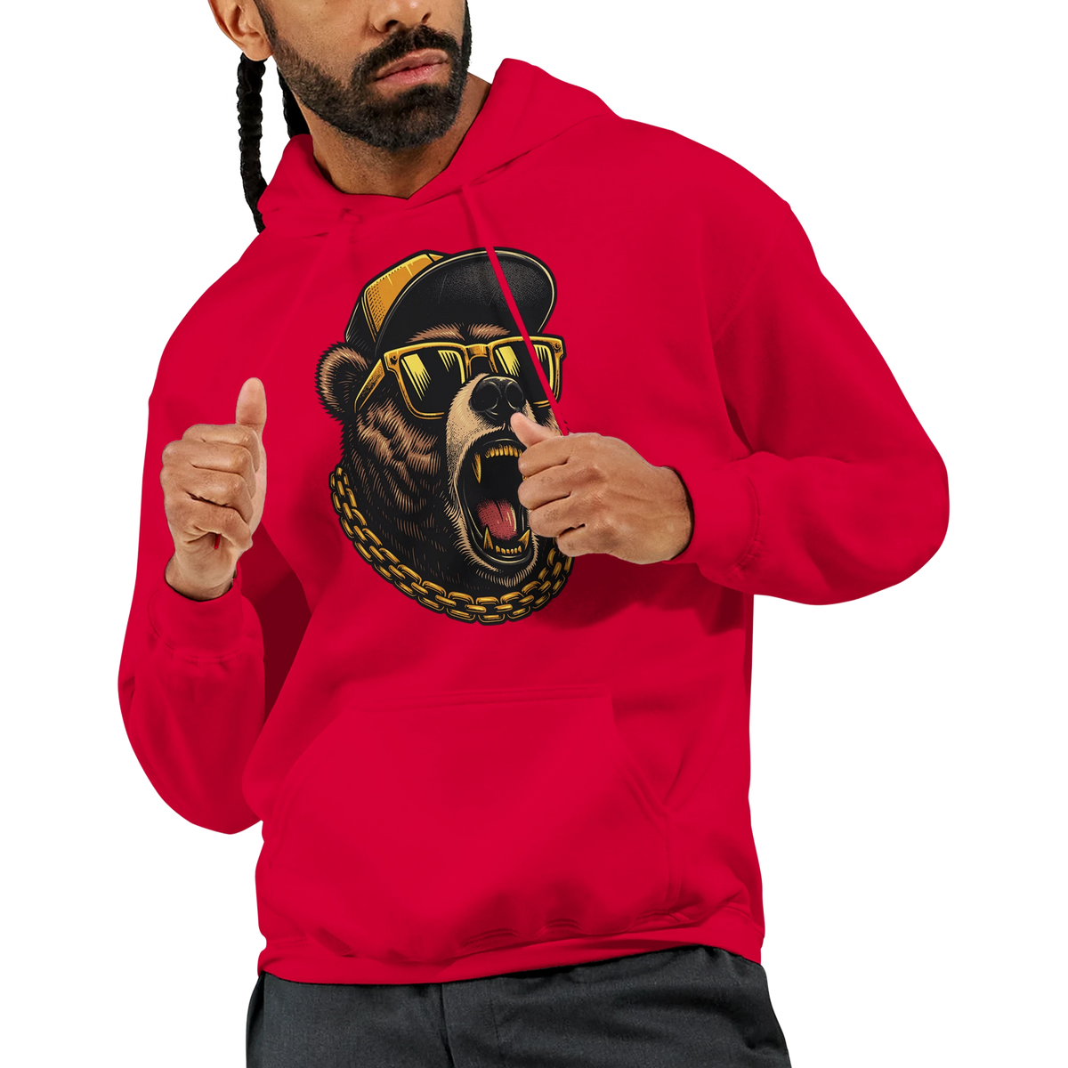 Men's red Grizzly Bear hoodie with roaring bear graphic wearing yellow sunglasses and a gold chain.