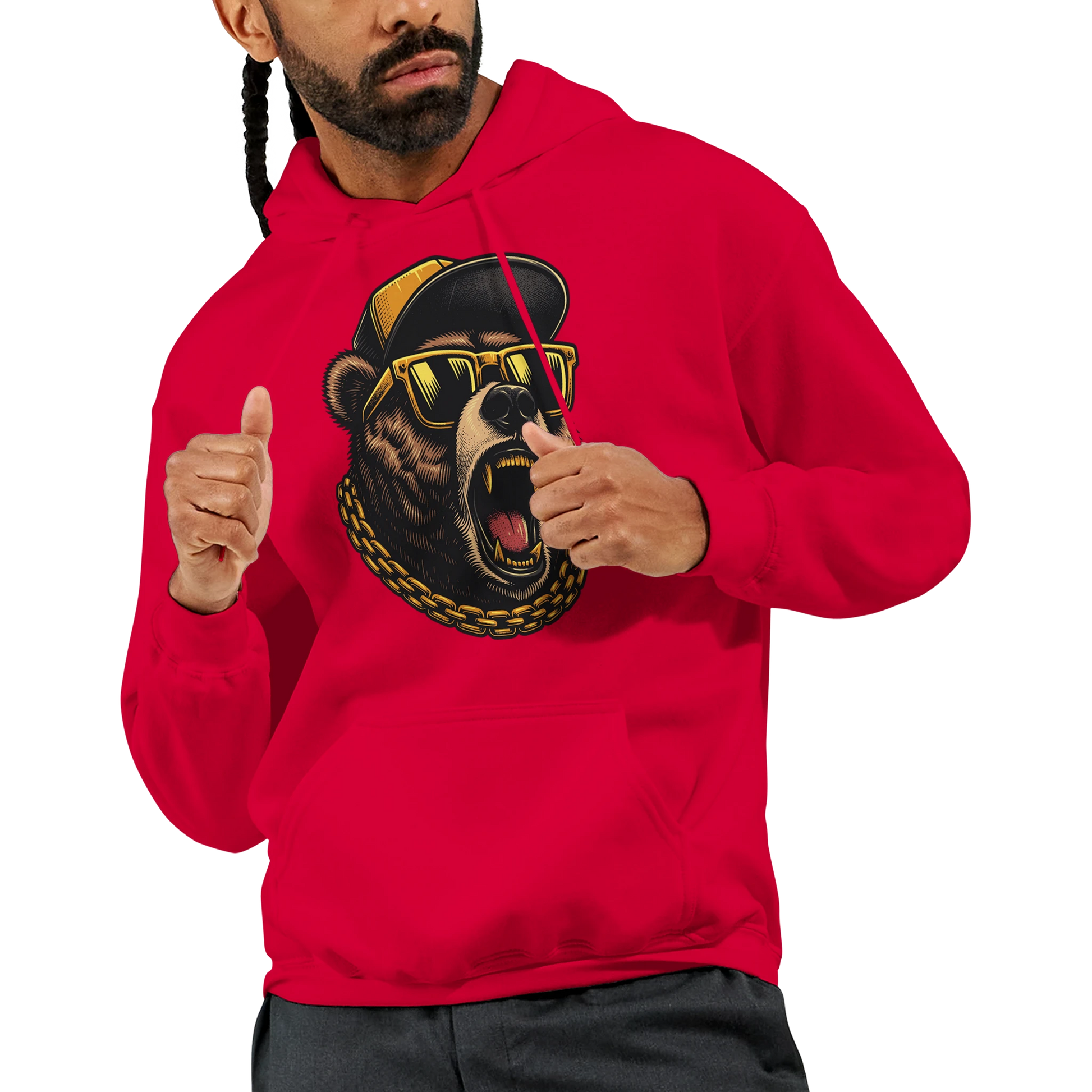 Person wearing a red men's grizzly bear hoodie with a bear graphic design on a white background. 3