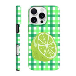 Green gingham iPhone case featuring a large lime slice graphic. Tough citrus phone cover with shock-absorbing protection and glossy finish for daily reliability.