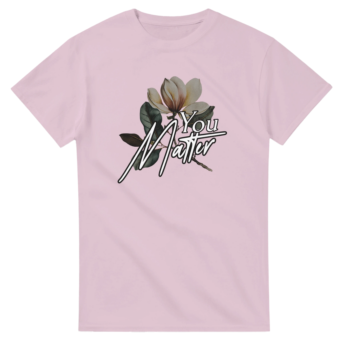 Pink You Matter women's graphic tee with magnolia flower design on soft cotton blend fabric.