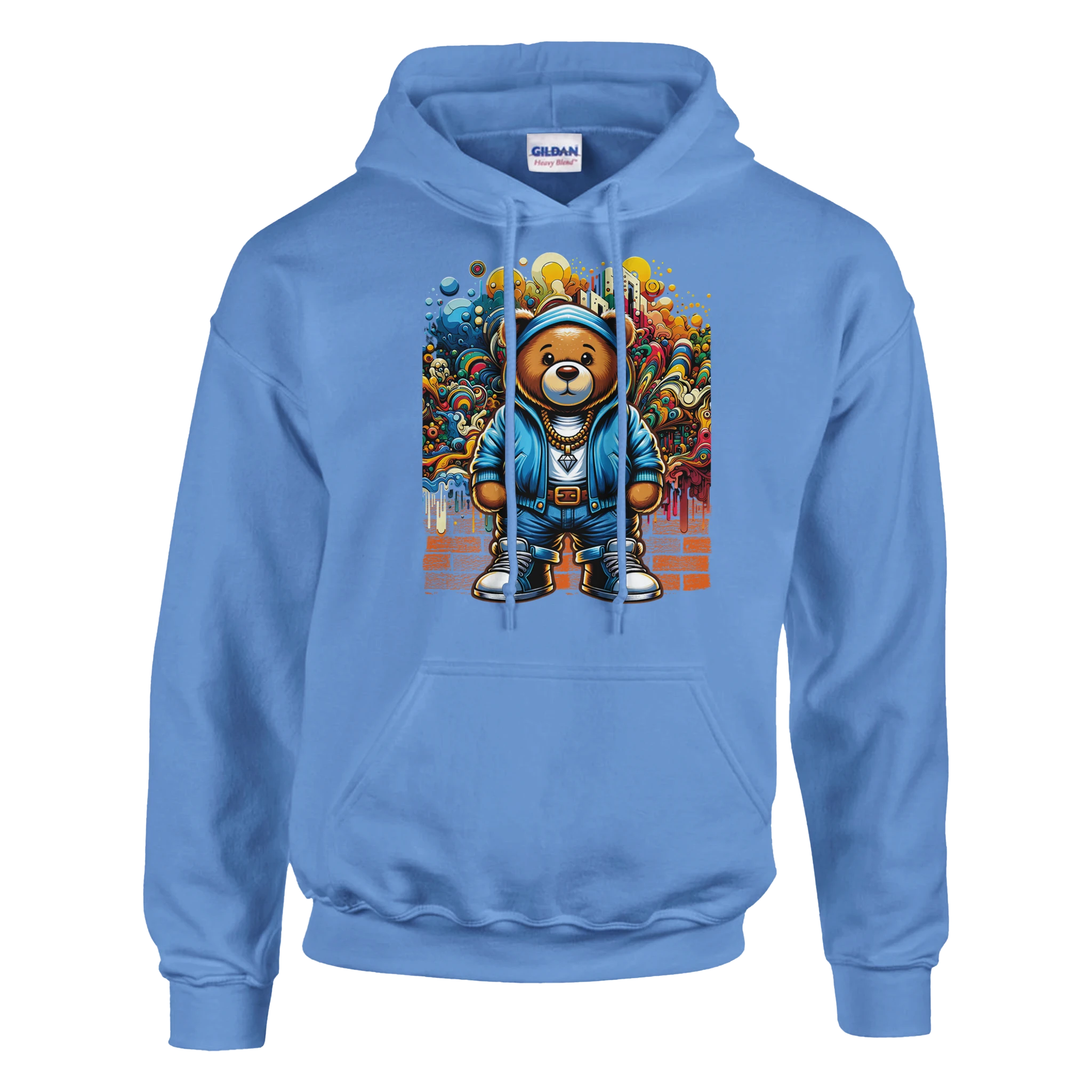 Blue men's urban teddy bear graphic hoodie with 50/50 cotton blend and graffiti art.