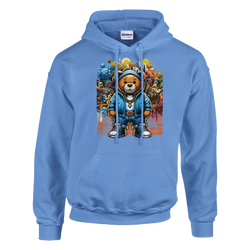 Blue men's urban teddy bear graphic hoodie with 50/50 cotton blend and graffiti art.
