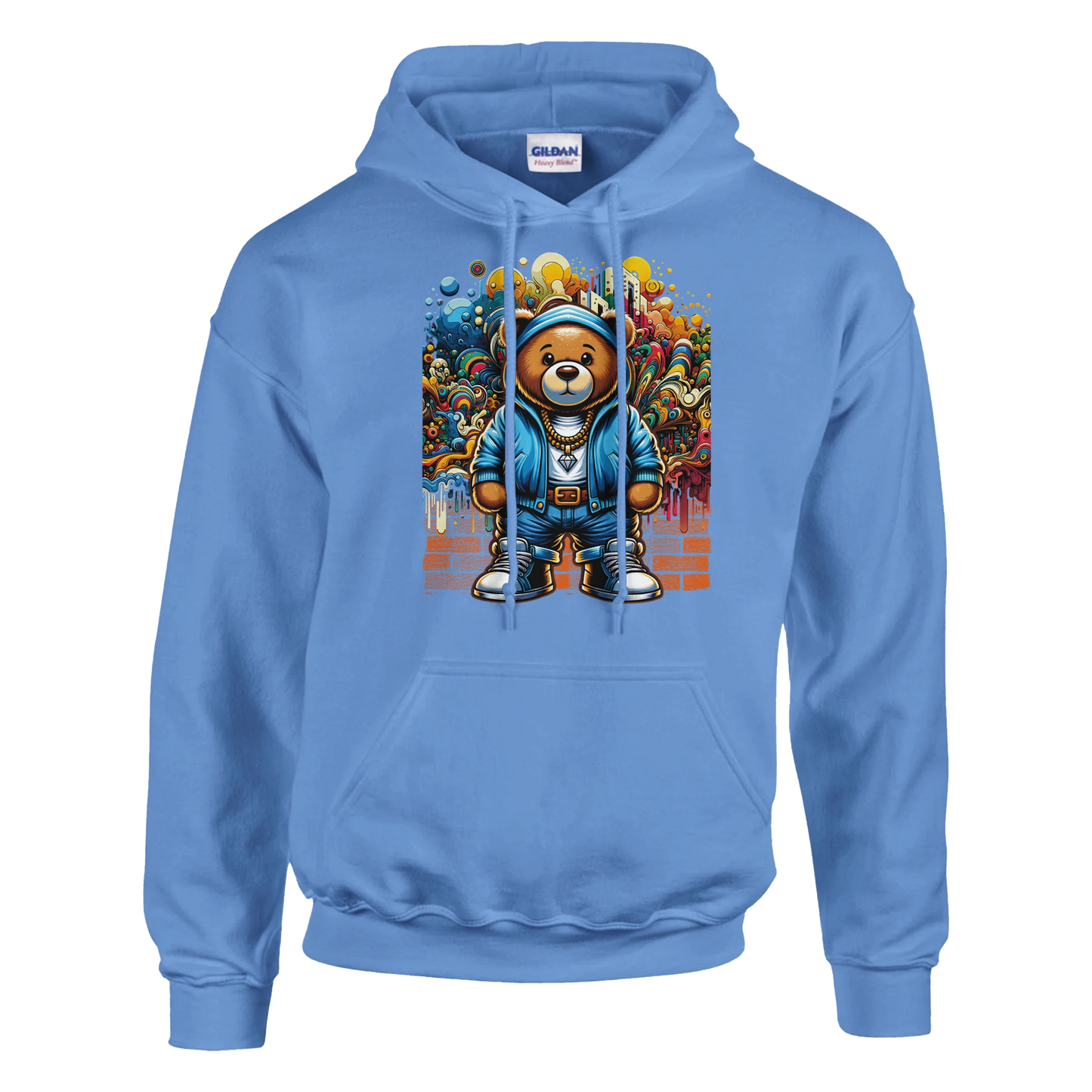 Blue men's teddy bear hoodie with a colorful graphic of a bear in a blue jacket on a white background