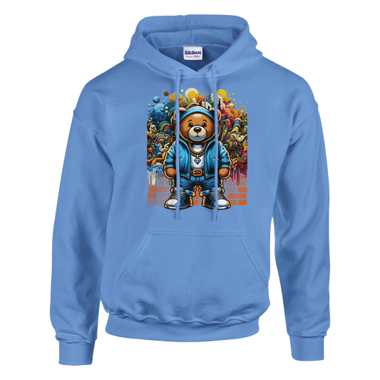 Blue men's teddy bear hoodie with a colorful graphic of a bear in a blue jacket on a white background