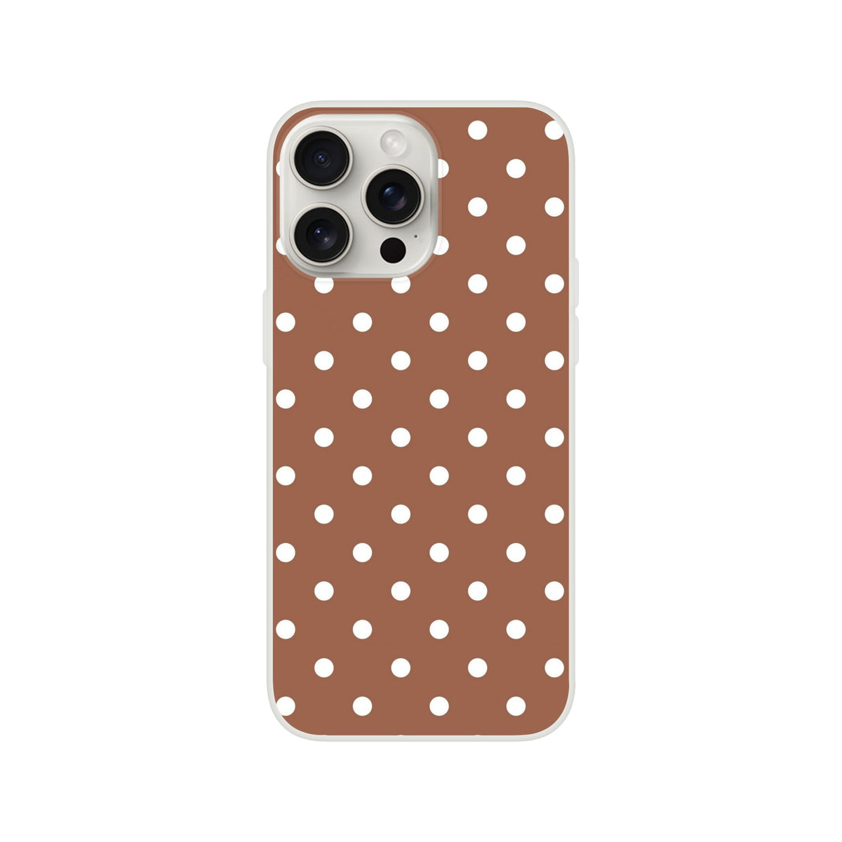 Retro brown and white polka dot iPhone case with slim flexible TPU construction and matte finish for shock absorption.