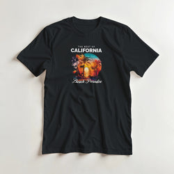 Black women's graphic T-shirt with sunset beach scene, palm trees, and California Beach Paradise lettering.