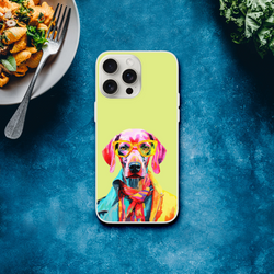 Lime-green iPhone case for iPhone 13-16 with colorful dog wearing sunglasses artwork, slim matte finish.