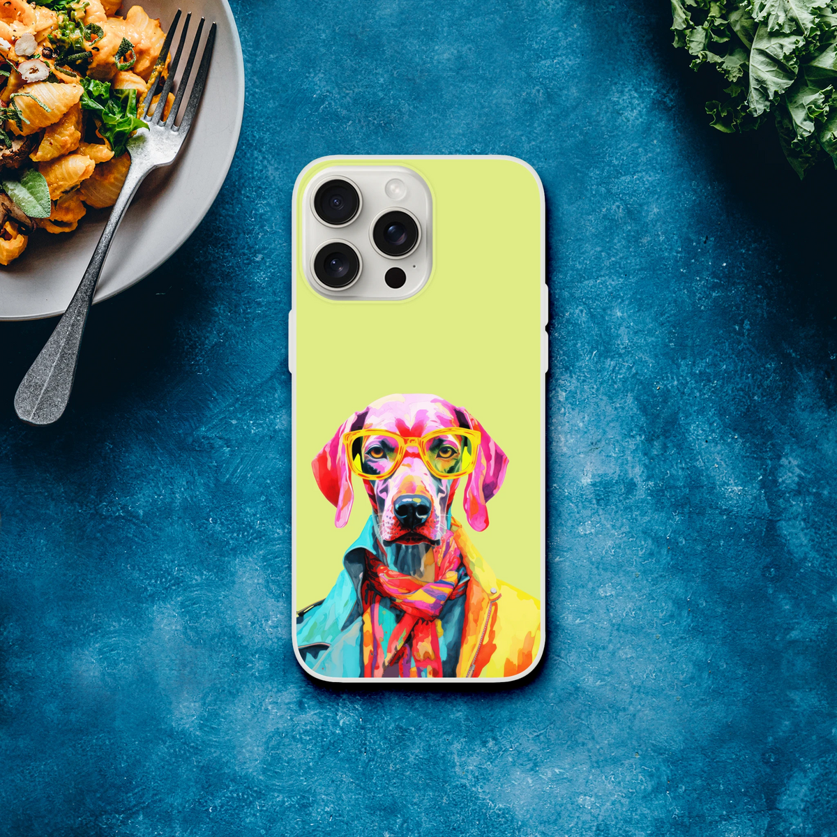Lime-green iPhone case for iPhone 13-16 with colorful dog wearing sunglasses artwork, slim matte finish.