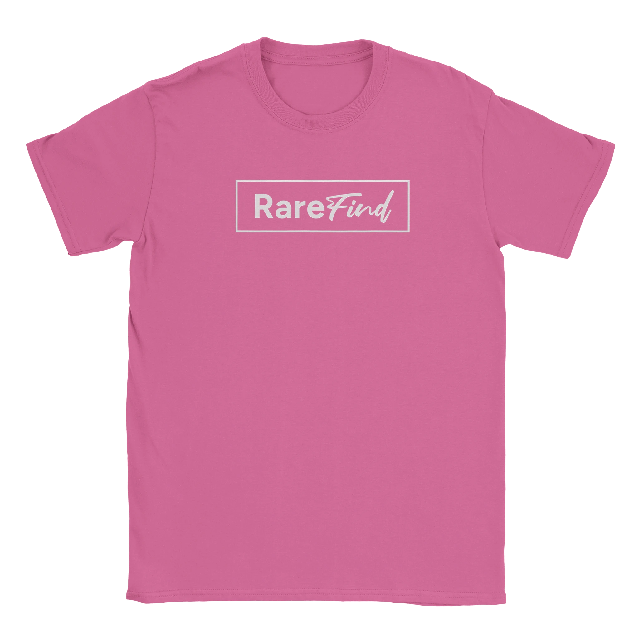 Pink women's T-shirt with a white rectangular-bordered "RareFind" logo on the front.
