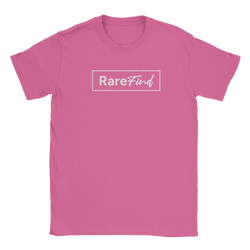 Pink women's T-shirt with a white rectangular-bordered "RareFind" logo on the front.