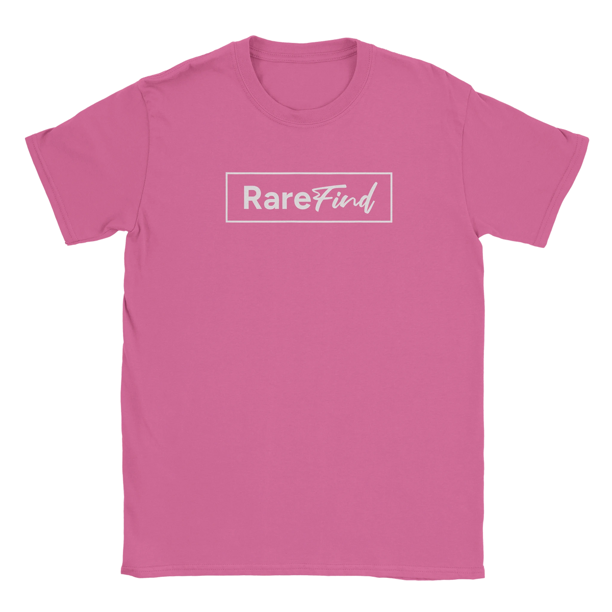 Pink women's T-shirt with a white rectangular-bordered "RareFind" logo on the front.