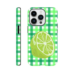 Green gingham iPhone case featuring a large glossy lime slice print and tough shock-absorbing protection for daily use.