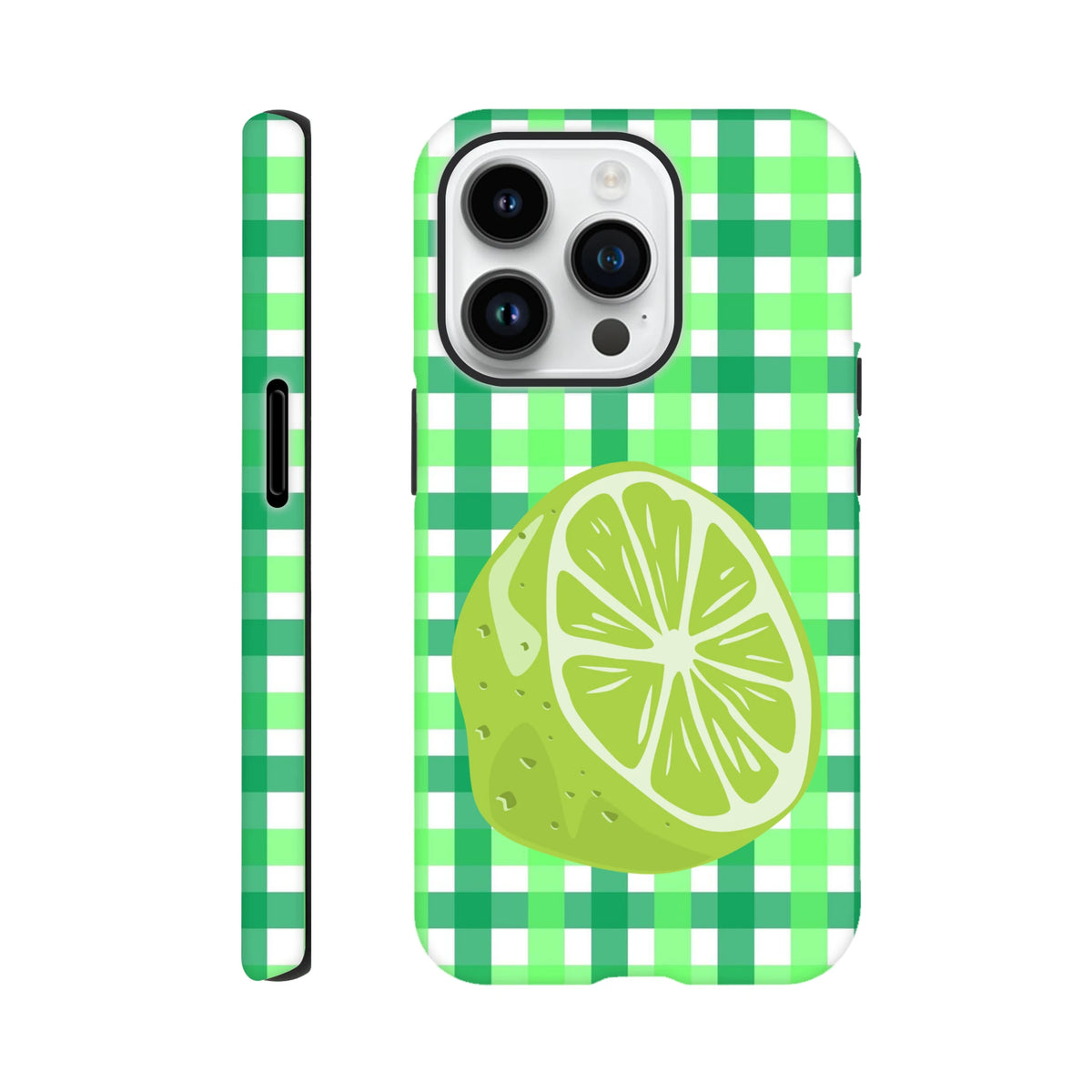 Green gingham iPhone case featuring a large glossy lime slice print and tough shock-absorbing protection for daily use.
