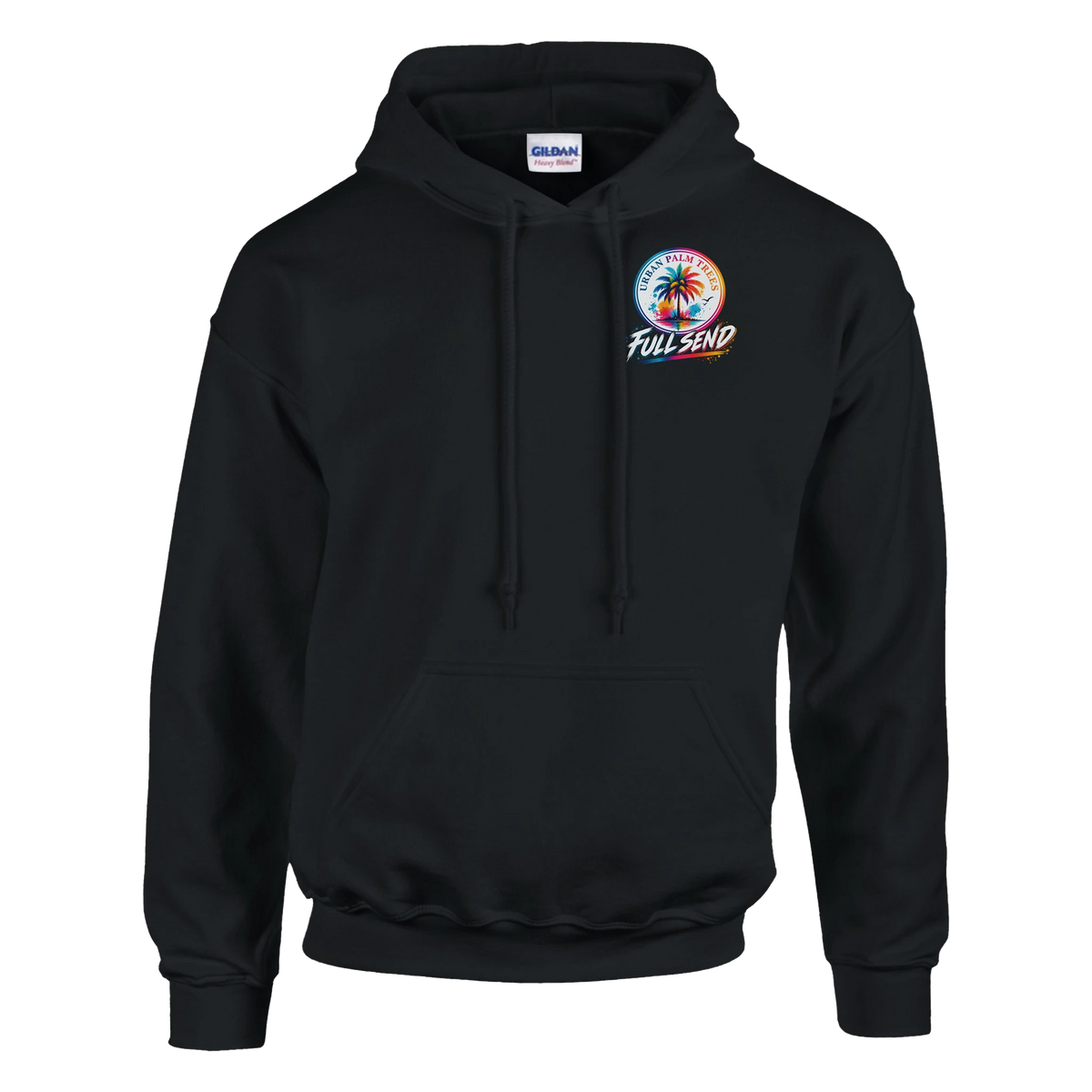 Black men's hoodie featuring a colorful Urban Palm Trees Full Send graphic, front pouch pocket, and modified car culture style.