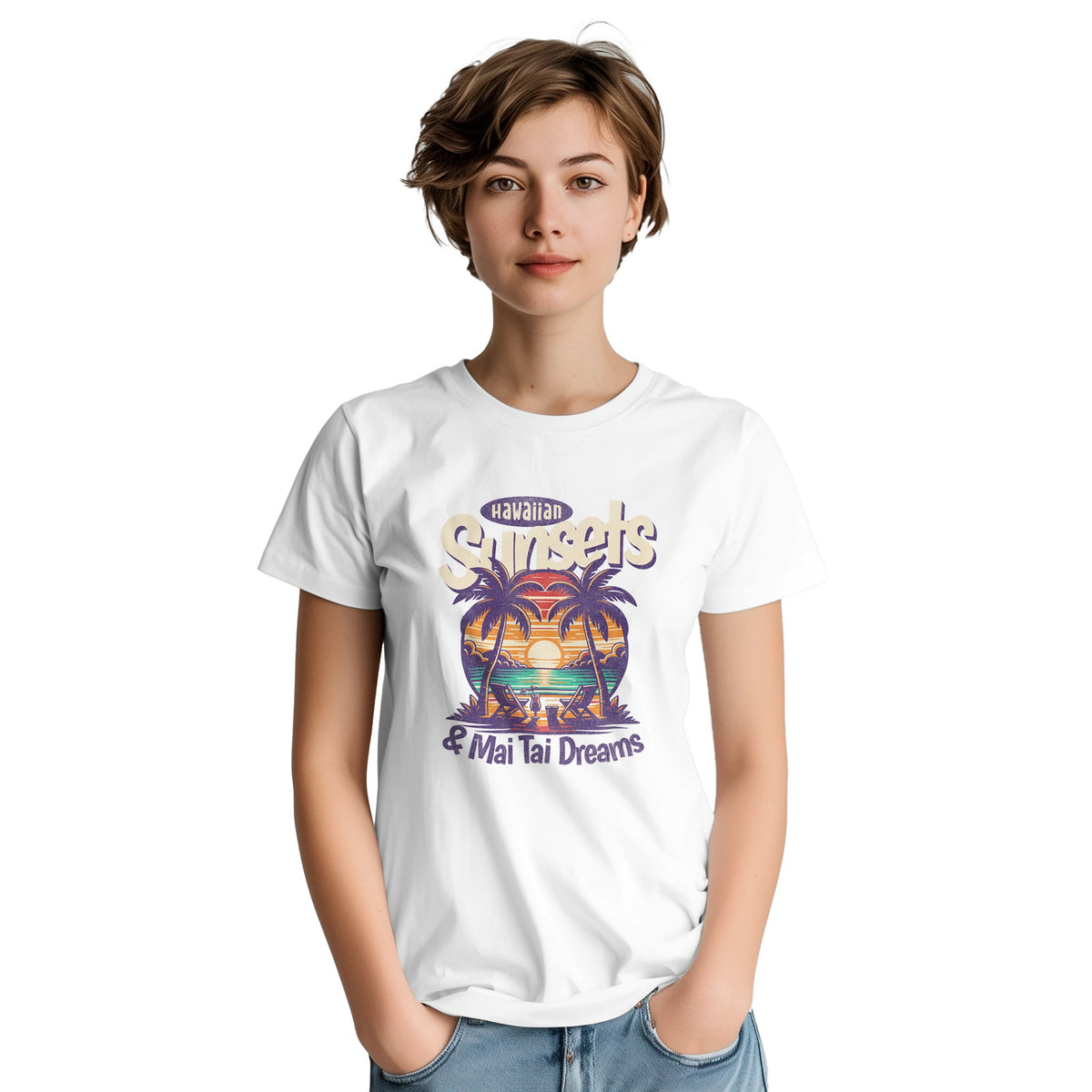 White women's graphic T-shirt with tropical sunset, palm trees, ocean, and Hawaiian Sunsets & Mai Tai Dreams text.