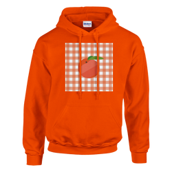 Orange pullover hoodie featuring a retro peach graphic on a pink and white gingham square background.