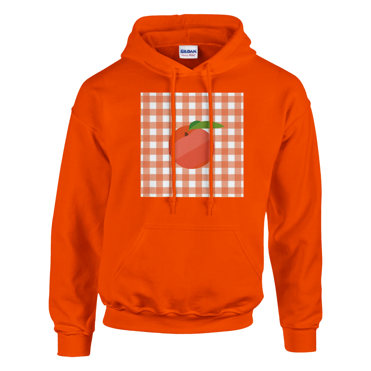 Orange pullover hoodie featuring a retro peach graphic on a pink and white gingham square background.