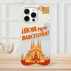 Vintage postcard iPhone case with Barcelona design, retro travel vibe, protective flexi shell.