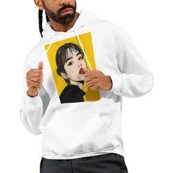 White hoodie featuring retro brunette pop art woman graphic on yellow background, vintage streetwear pullover for men.