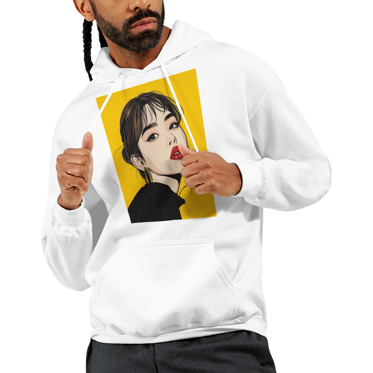 White hoodie featuring retro brunette pop art woman graphic on yellow background, vintage streetwear pullover for men.