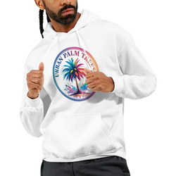 Man wearing Urban Palm Trees hoodie for men with retro streetwear palm graphic on white pullover.