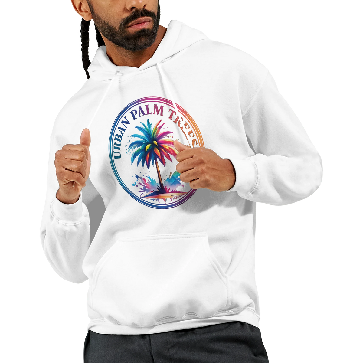Man wearing Urban Palm Trees hoodie for men with retro streetwear palm graphic on white pullover.