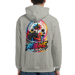 Back view of gray Redline car hoodie featuring colorful tachometer and palm tree graphic on heather grey petrolhead streetwear sweatshirt.