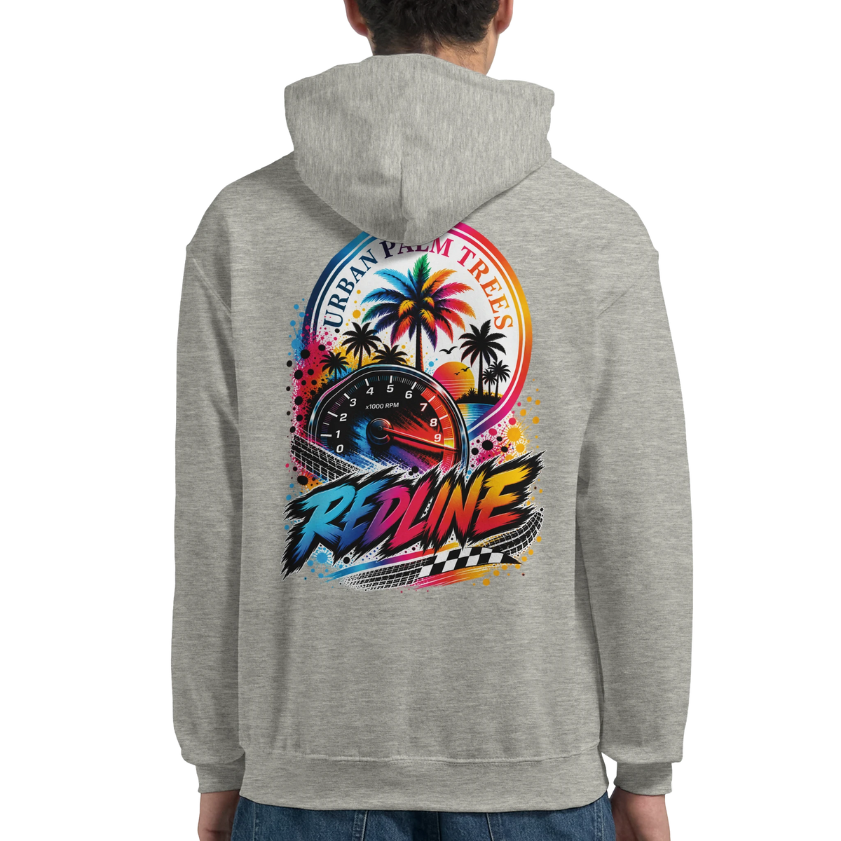 Back view of gray Redline car hoodie featuring colorful tachometer and palm tree graphic on heather grey petrolhead streetwear sweatshirt.