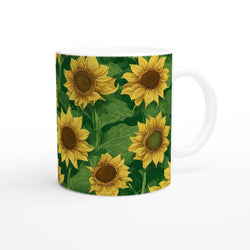 Vintage sunflower mug with yellow blooms and green leaves, ceramic cup with white interior and comfy handle.