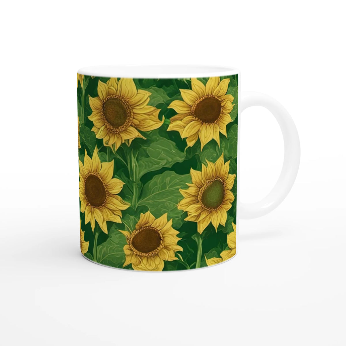 Vintage sunflower mug with yellow blooms and green leaves, ceramic cup with white interior and comfy handle.