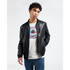 Male model wearing a retro palm tree T-shirt under a black leather jacket with a colorful tropical print.