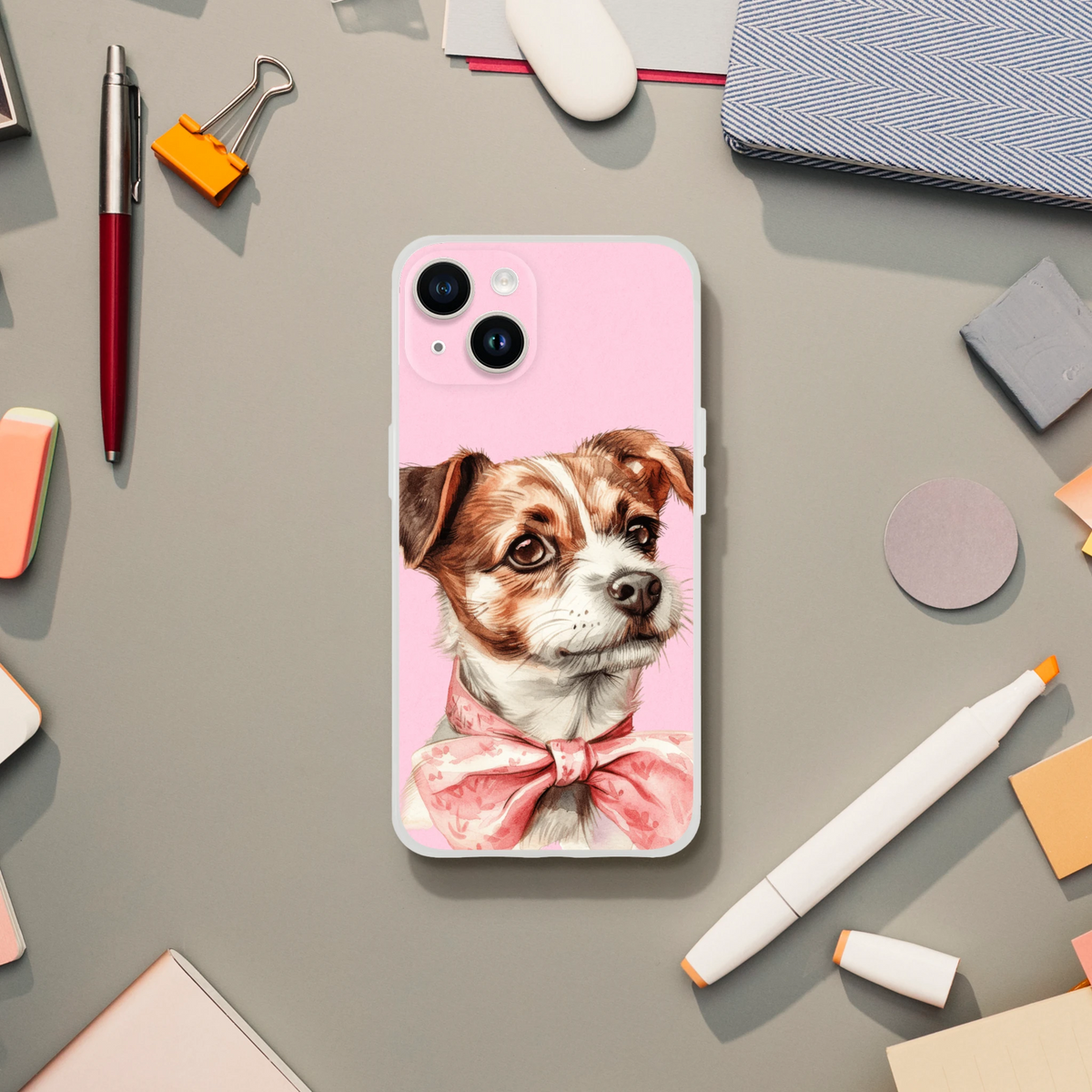 Pink iPhone case for 13-16 featuring a dog portrait with a bow tie in retro aesthetic.