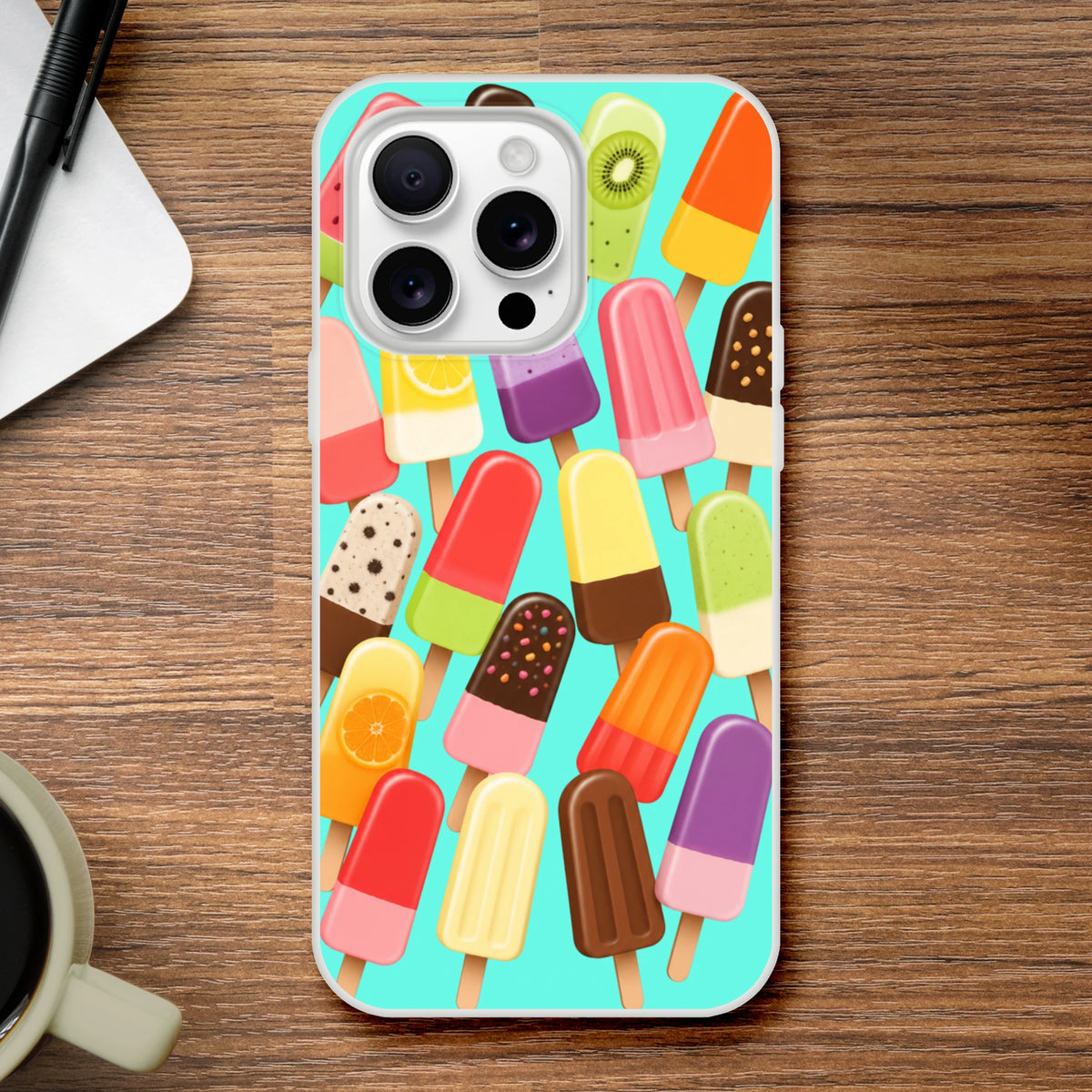 Retro colorful popsicle iPhone case featuring assorted summer ice lolly illustrations on a bright turquoise background.