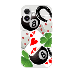 Transparent iPhone case featuring lucky charm design with 8-ball, horseshoe, four-leaf clover, ace of hearts, and dice.