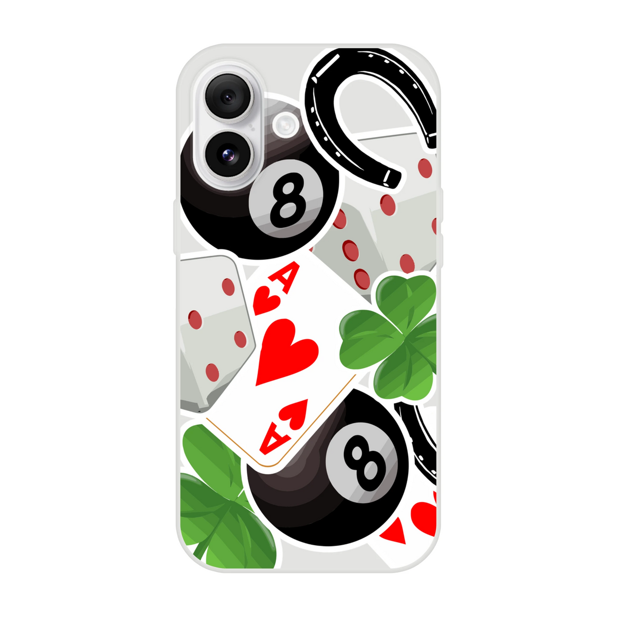 Transparent iPhone case featuring lucky charm design with 8-ball, horseshoe, four-leaf clover, ace of hearts, and dice.