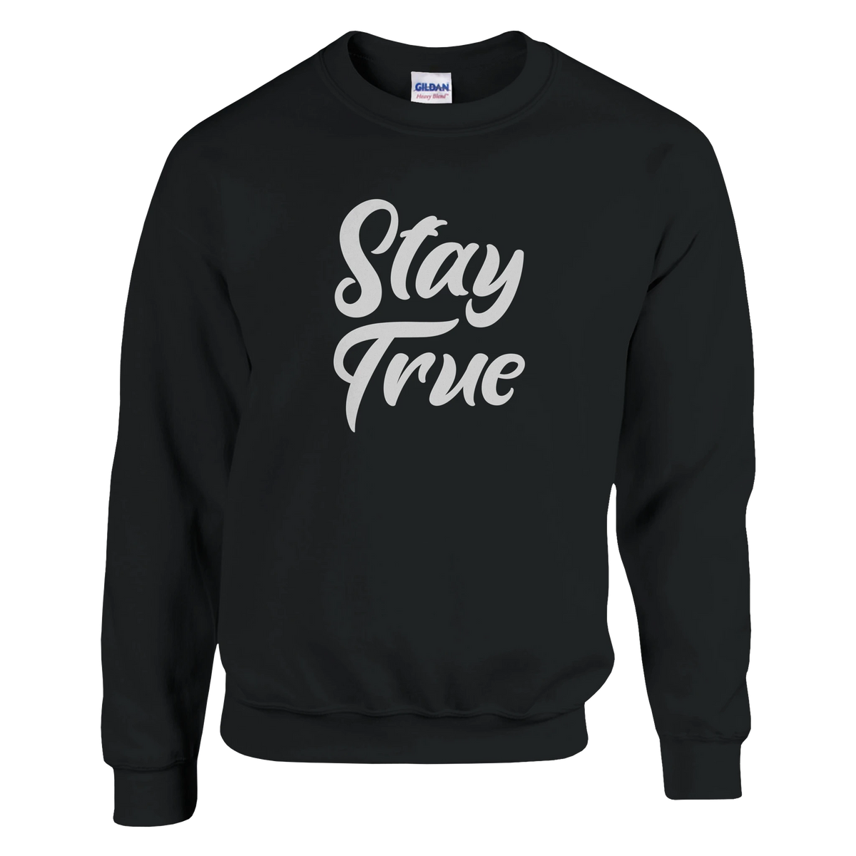 Womens black Stay True sweatshirt, cozy casual streetwear top with bold script text.