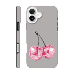 Grey iPhone case featuring pink disco ball cherry design. Glitterball fruit cover for iPhone 13-16 toughness and style.