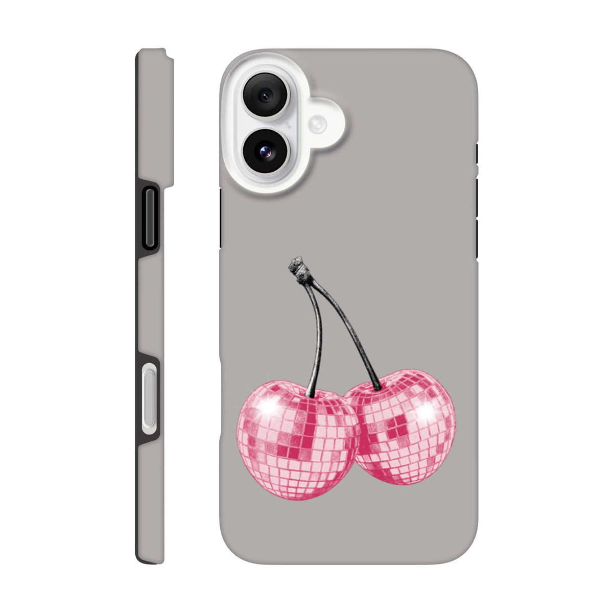 Grey iPhone case featuring pink disco ball cherry design. Glitterball fruit cover for iPhone 13-16 toughness and style.
